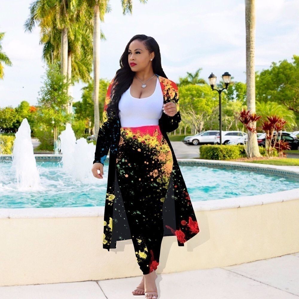 Plus Sz Printed Tank Top+Long Cloak+Pants 3pc Set
